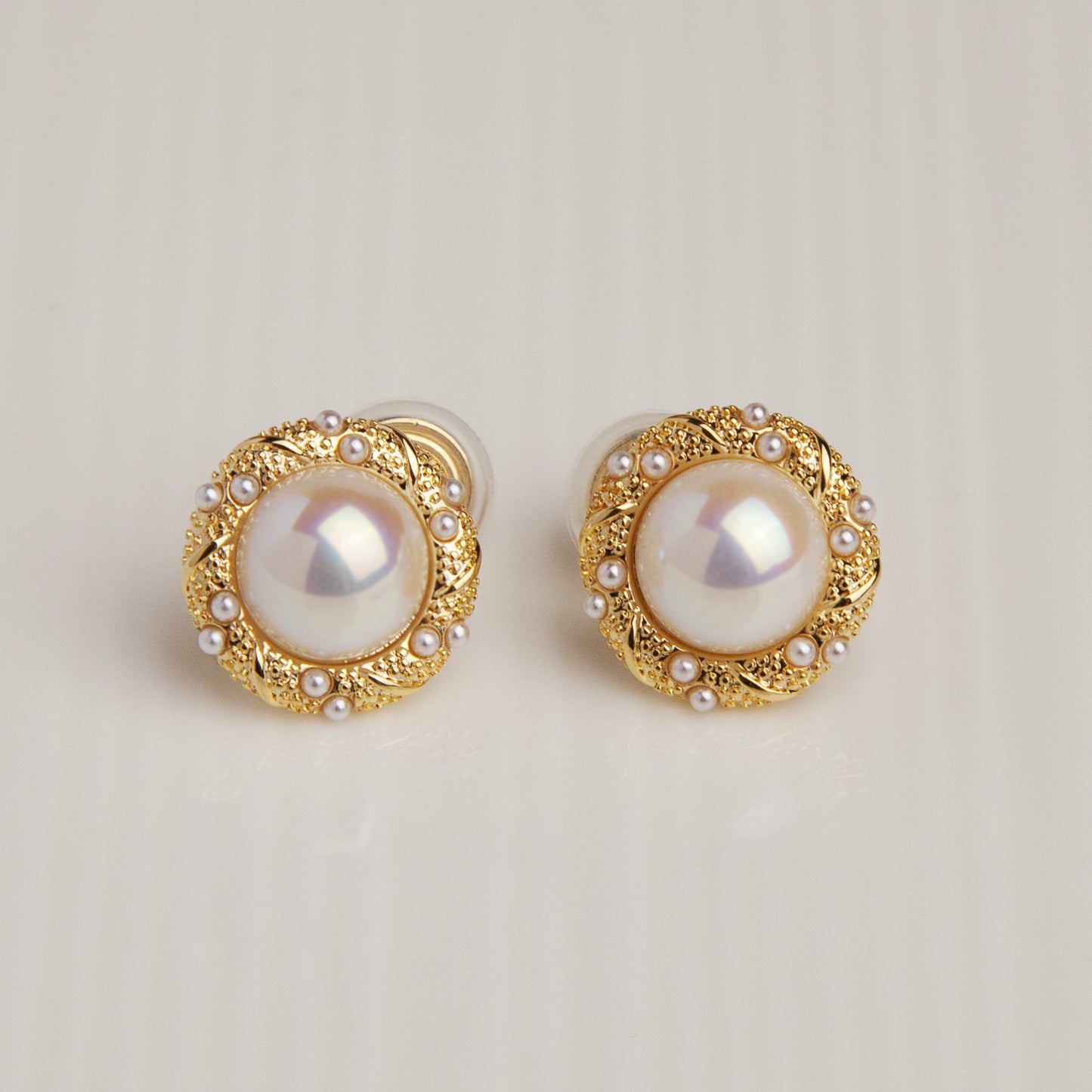 Large Pearl Clip-On Earrings, Gold Rim Round Button Non-Pierced Earrings, Retro Gold Pearl Studs, Clip On Studs Non-Pierced Earrings