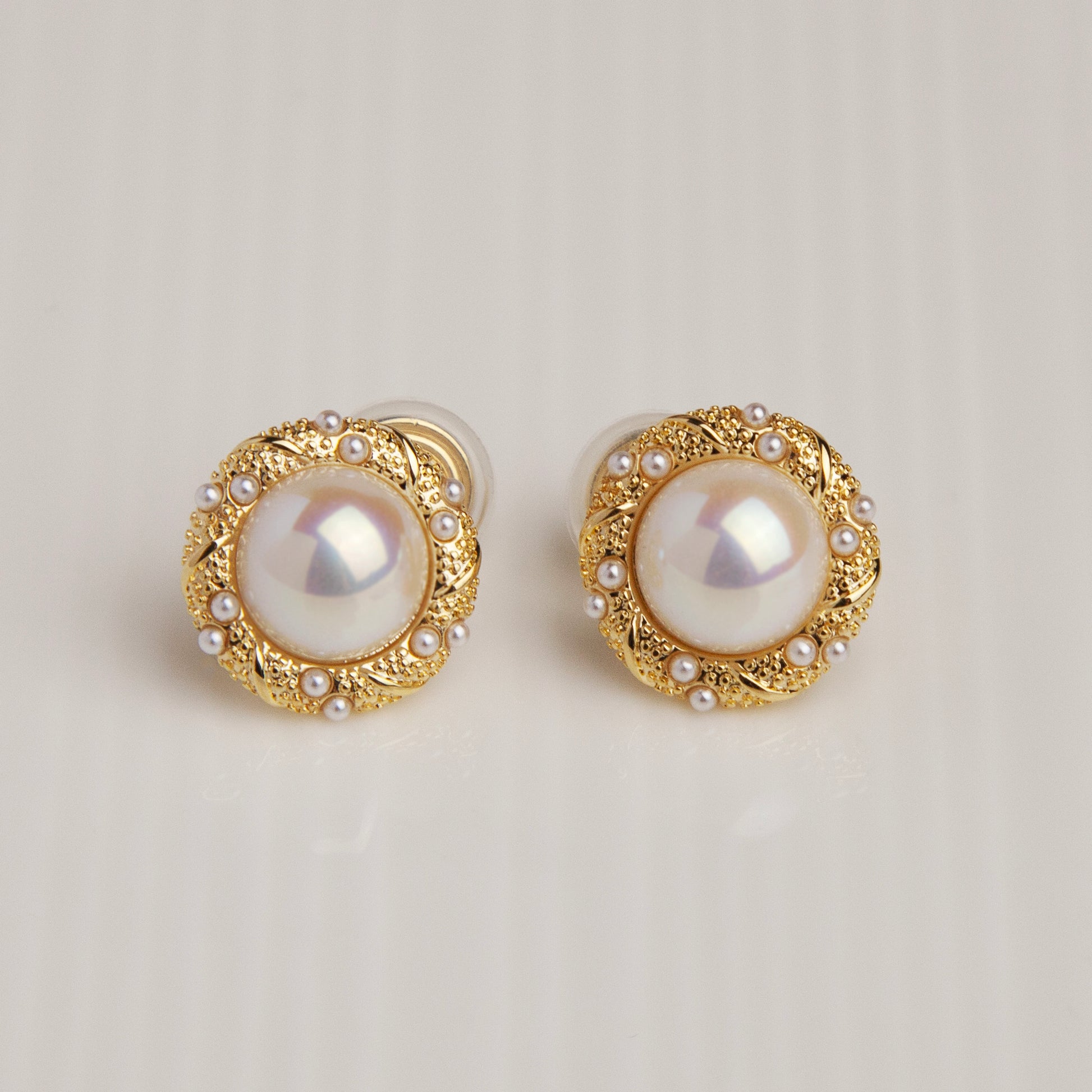 Large Pearl Clip-On Earrings, Gold Rim Round Button Non-Pierced Earrings, Retro Gold Pearl Studs, Clip On Studs Non-Pierced Earrings