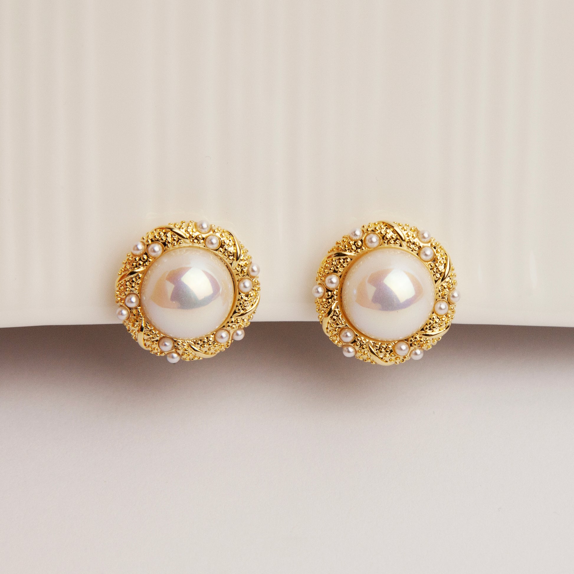 Large Pearl Clip-On Earrings, Gold Rim Round Button Non-Pierced Earrings, Retro Gold Pearl Studs, Clip On Studs Non-Pierced Earrings