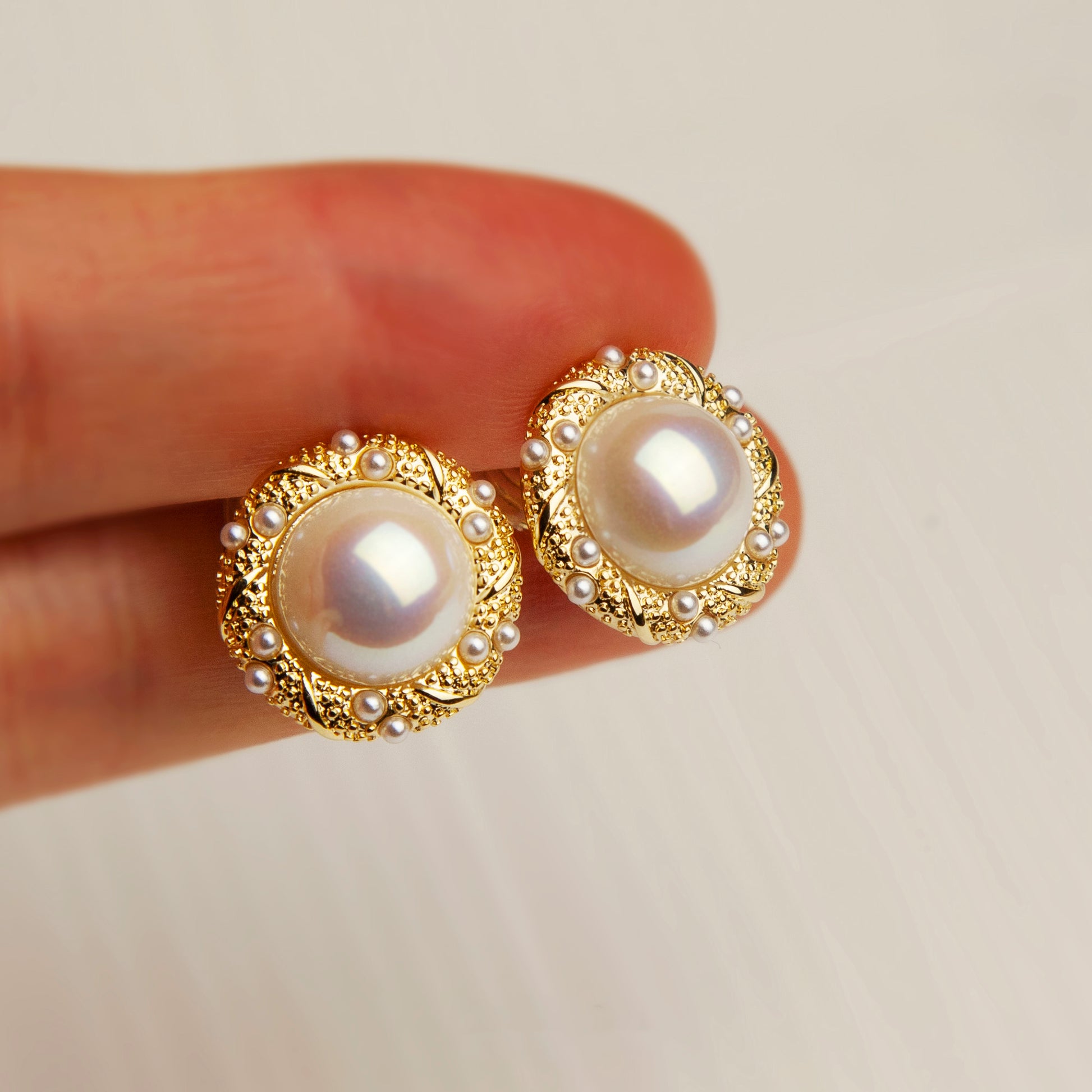Large Pearl Clip-On Earrings, Gold Rim Round Button Non-Pierced Earrings, Retro Gold Pearl Studs, Clip On Studs Non-Pierced Earrings