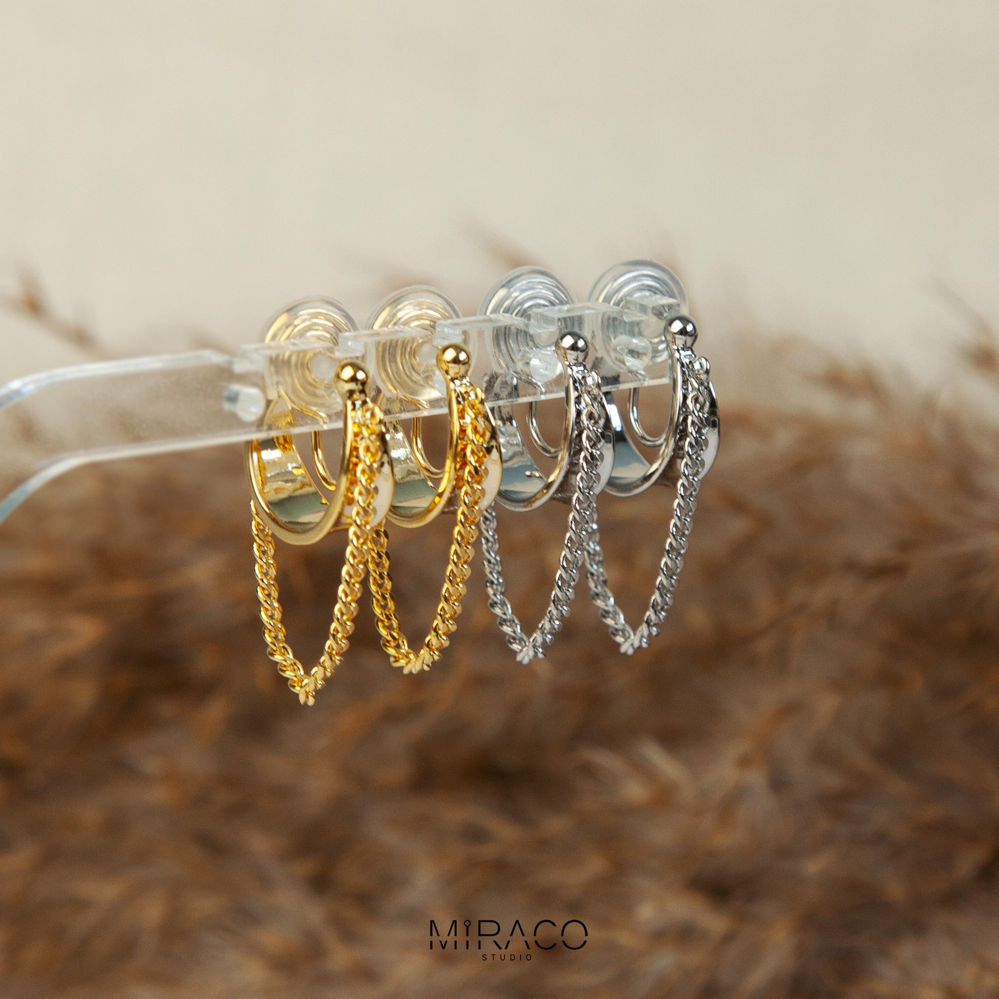 Medium Dangle Hoop Earrings Gold Silver, Geometric Non Pierced Earring Ear Clip
