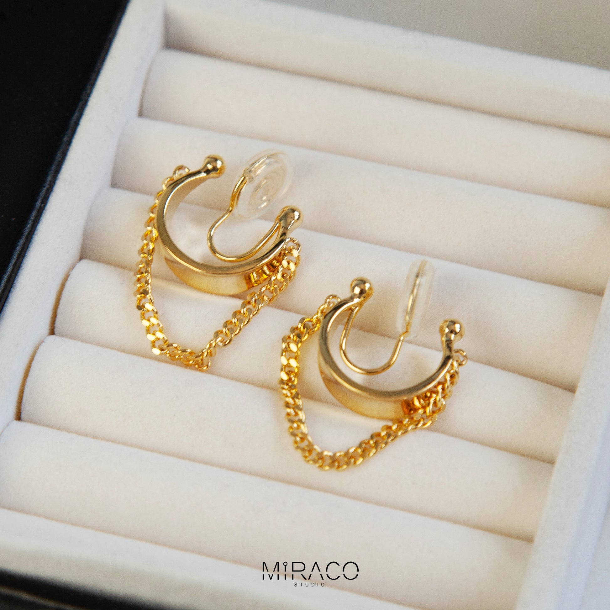 Medium Dangle Hoop Earrings Gold Silver, Geometric Non Pierced Earring Ear Clip