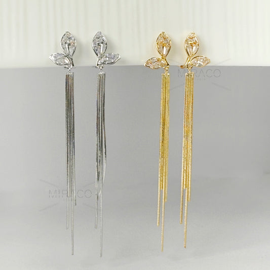 Mini-Clip Crystal Fringe Earring Minimal Dangle Drop Non-Pierced Long Chain Earring Gold or Silver