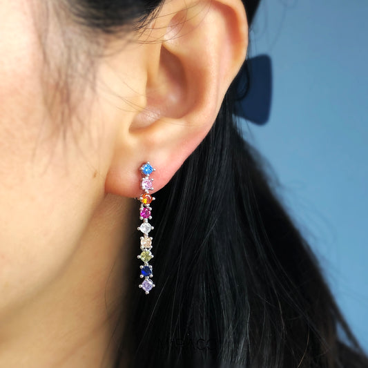 Minimalist Crystal Cluster Dangle Earrings, Clip On Stone Drop Earrings, Silver Rainbow Crystal