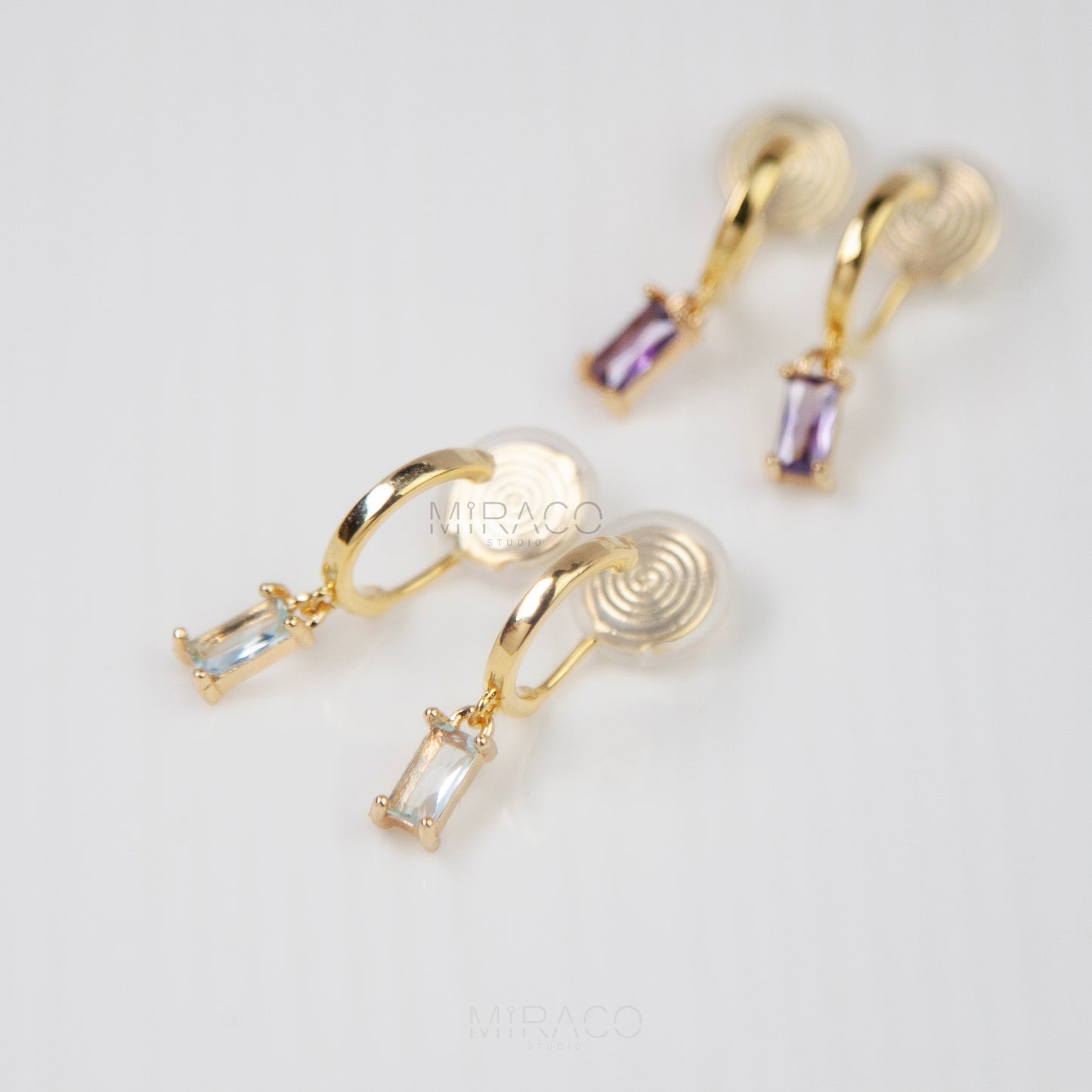Minimalist Dangle Crystal Earrings, Dangle Hoop Non Pierced Earrings, Purple or Light Blue Stones, Clip On Dangle Earrings