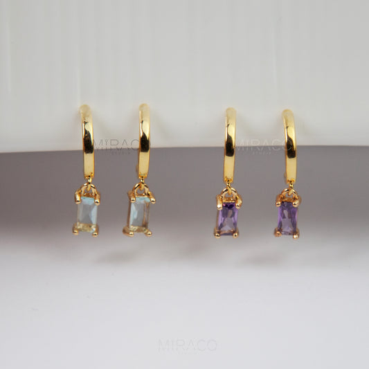 Minimalist Dangle Crystal Earrings, Dangle Hoop Non Pierced Earrings, Purple or Light Blue Stones, Clip On Dangle Earrings