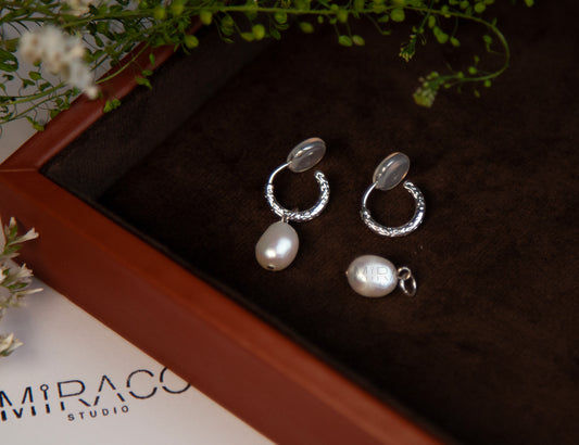 Minimalist Dangle Hoop Pearls Earrings Silver Hoops Pearl 2 in 1 &nbsp;Non Pierced Clip