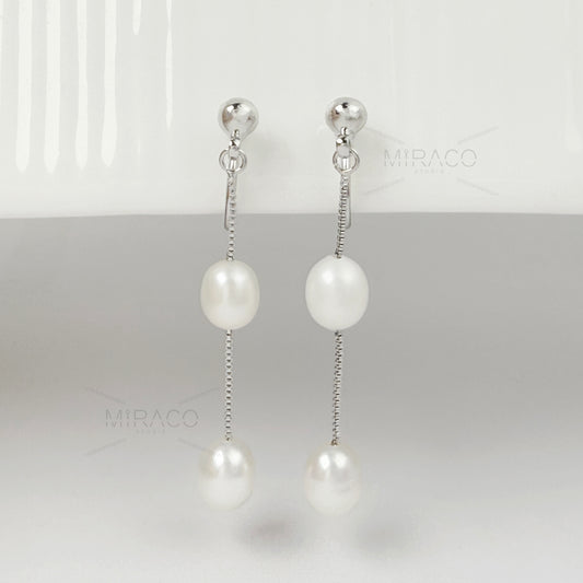 Minimalist Dangle Pearls Earrings, Double Pearls Tassel Earring Freshwater Pearl Non Pierced Earrings