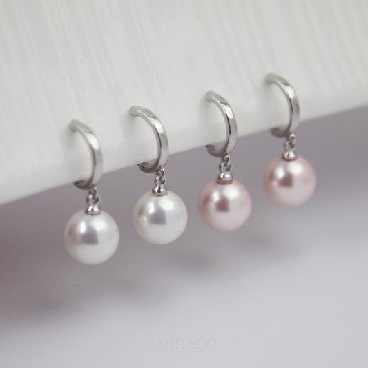 Minimalist Dangle Pearls Earrings, Dangle Hoop Pearls Non Pierced Earrings, White or Pink Drop Pearls