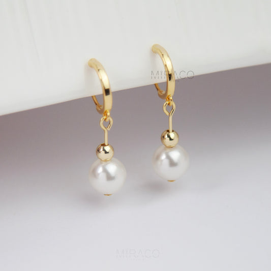 Minimalist Dangle Pearls Earrings, Dangle Hoop Pearls Non Pierced Earrings, White Pearls Drop Earrings