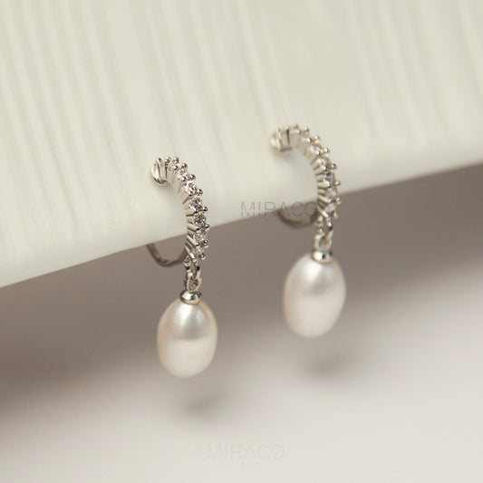 Minimalist Dangle Pearls Earrings, Diamond Hoop Pearl Earrings, Freshwater Pearl Non Pierced Earrings