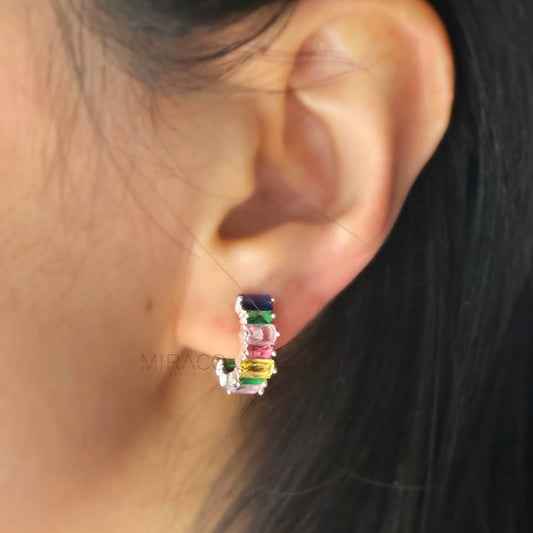 Minimalist Simple Crystal Cluster Huggie Hoop Earrings, Clip On Hoop Earrings, Multi Color Crystal Hoop