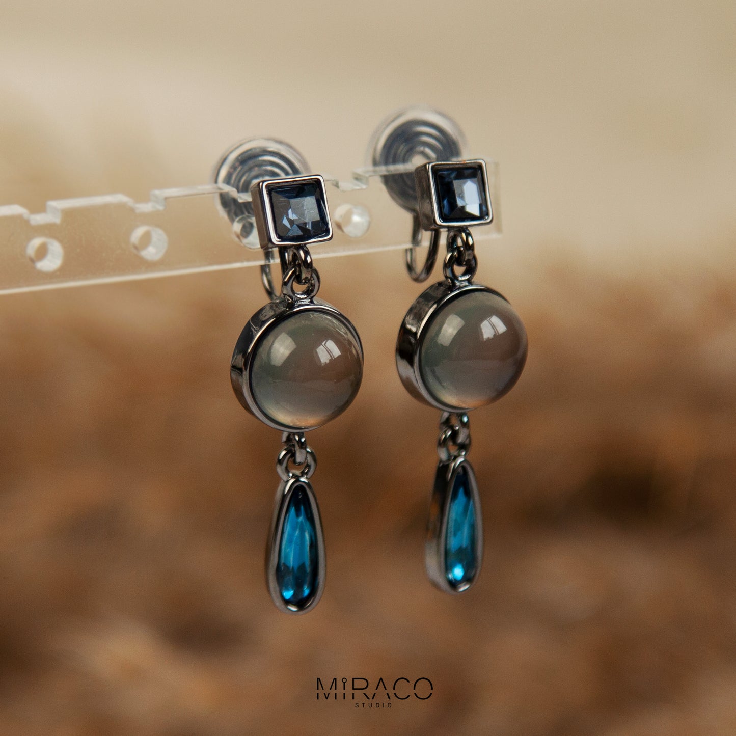 Clip On Navy Blue Diamond Gemstone Earrings, Clip On Dangle Earrings, Dark Crystal Dangle and Drop Earring