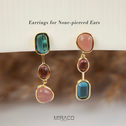 Clip On Dangle Earrings, Colourful Crystal Dangle and Drop Earring, Pink Stone Pierced &amp; Non Pierced