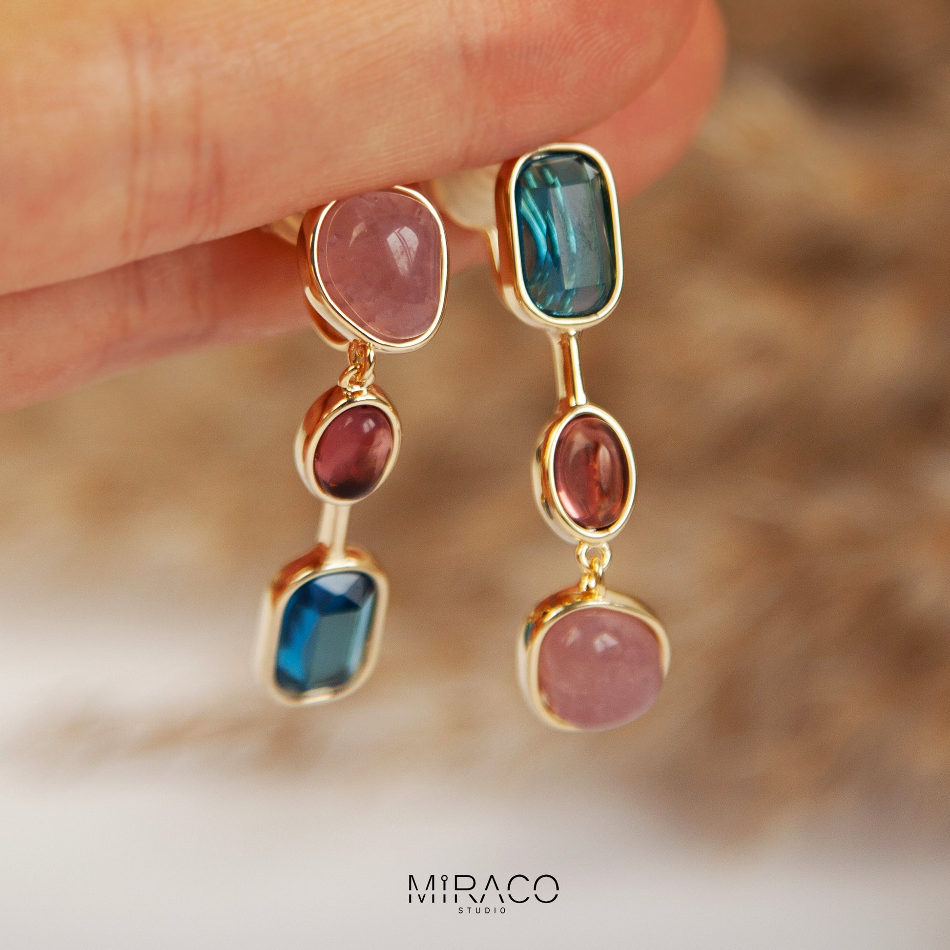 Clip On Dangle Earrings, Colourful Crystal Dangle and Drop Earring, Pink Stone Pierced &amp; Non Pierced