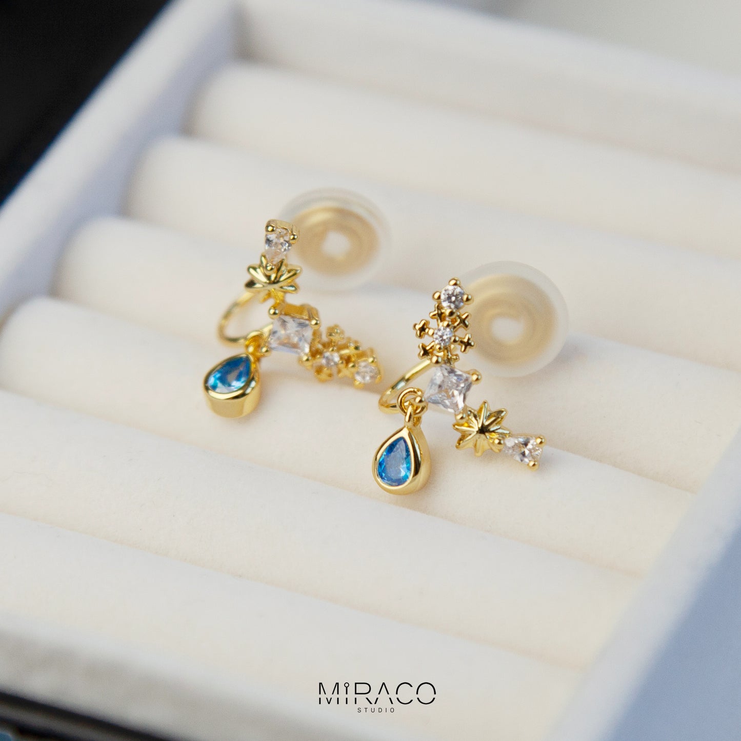 Gold Plated Climber CZ Clip On Earrings, Dainty Blue Gem Clip On Drop Ear Clips, Non Pierced Earrings