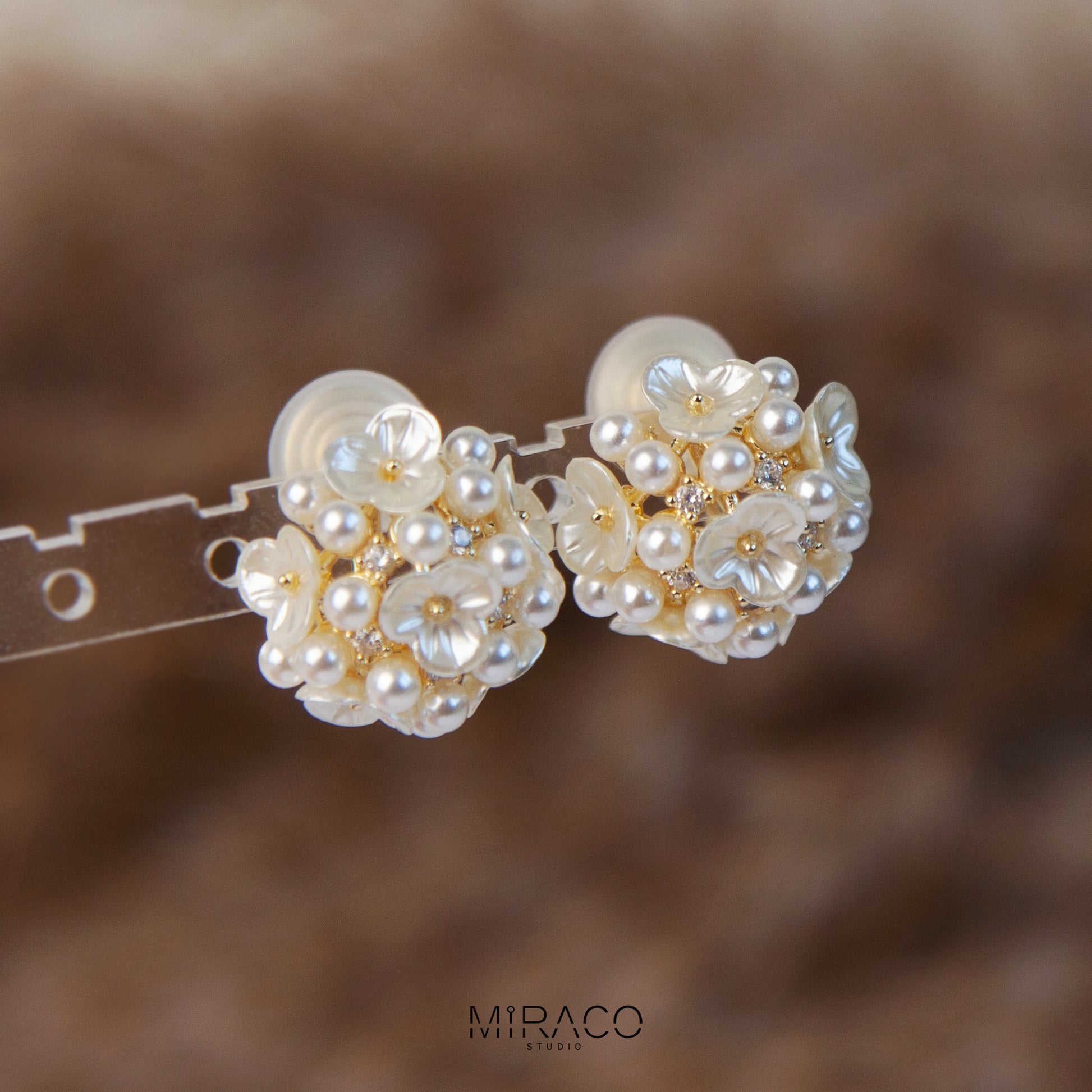 Fairy Pearls Flower Stud Earrings, Non Pierced Floral Ball Earrings Wedding Bridal Studs