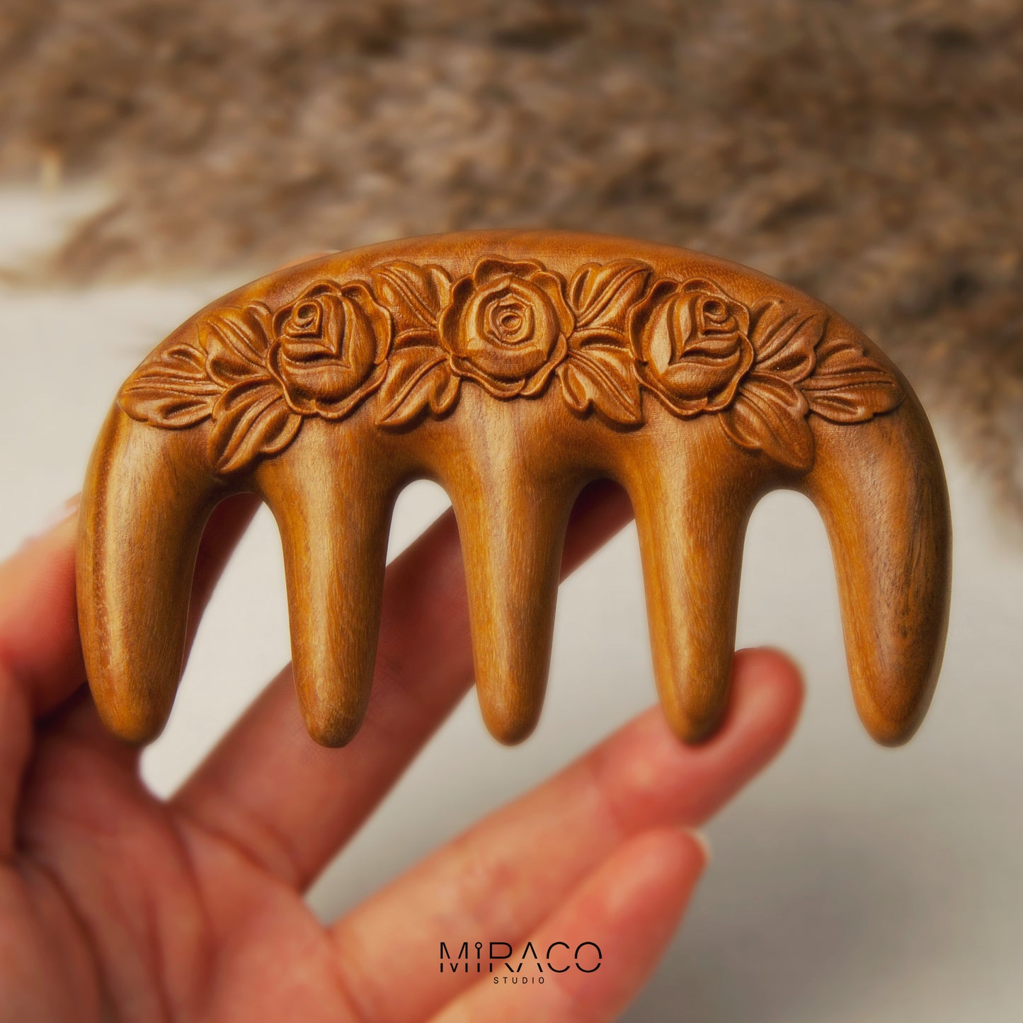 Rose Carved Green Sandalwood Massage Comb – Wide Tooth Wooden Comb