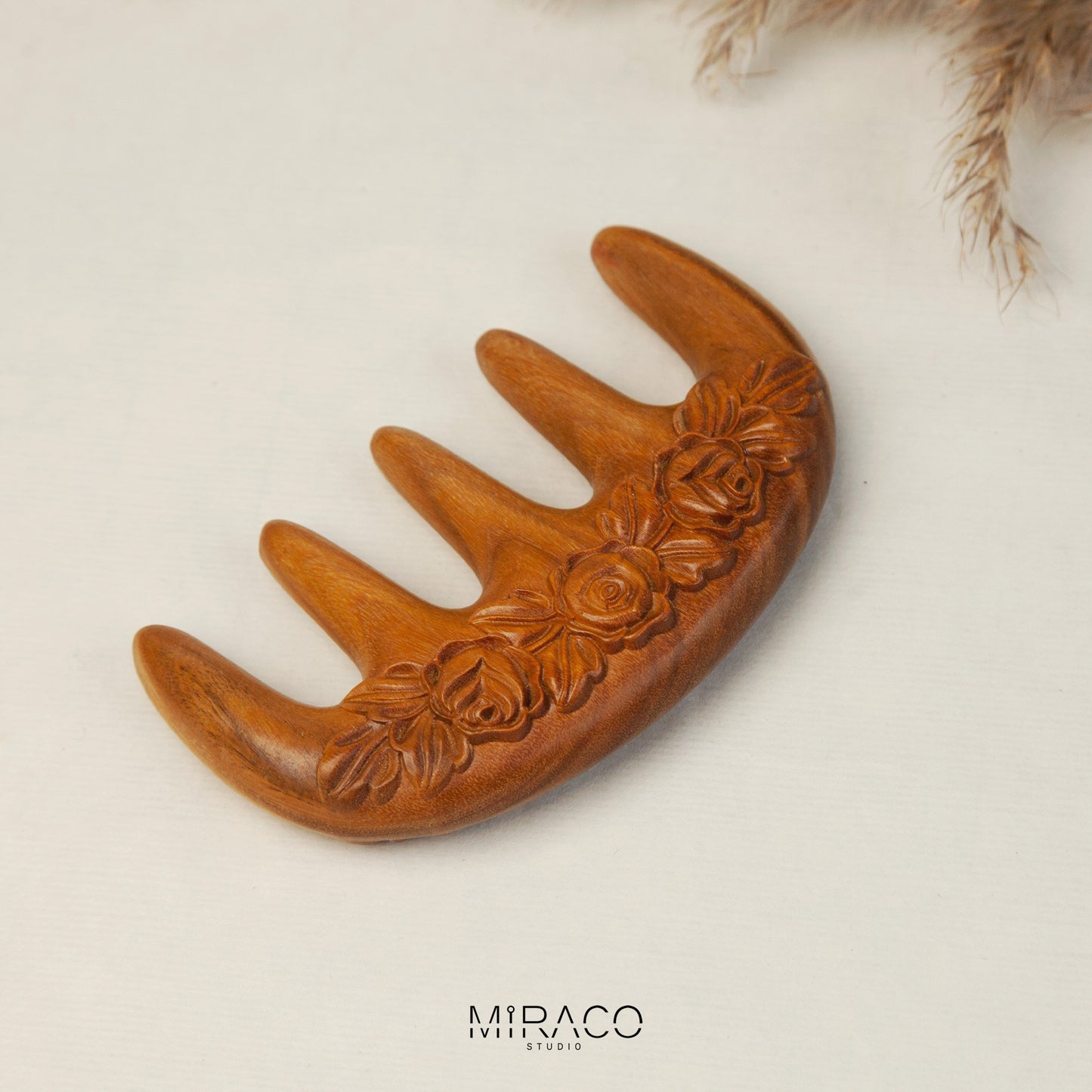 Rose Carved Green Sandalwood Massage Comb – Wide Tooth Wooden Comb