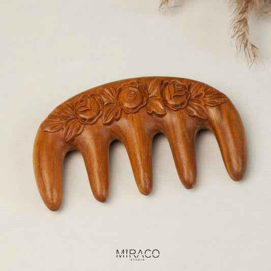 Rose Carved Green Sandalwood Massage Comb – Wide Tooth Wooden Comb