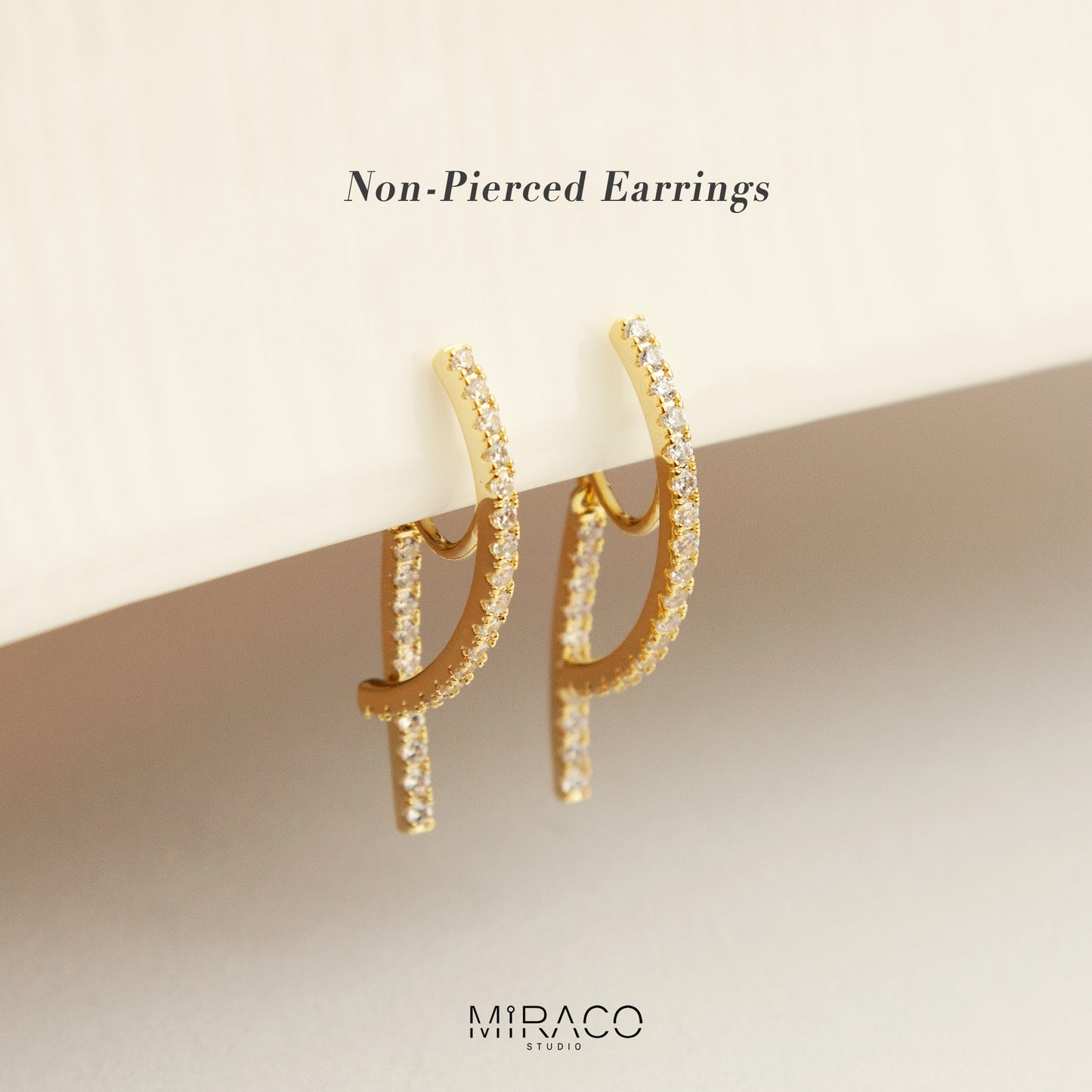 Gold Plated Clip On Diamond Minimal Earrings, Sparkle Crystal Non Pierced Earrings