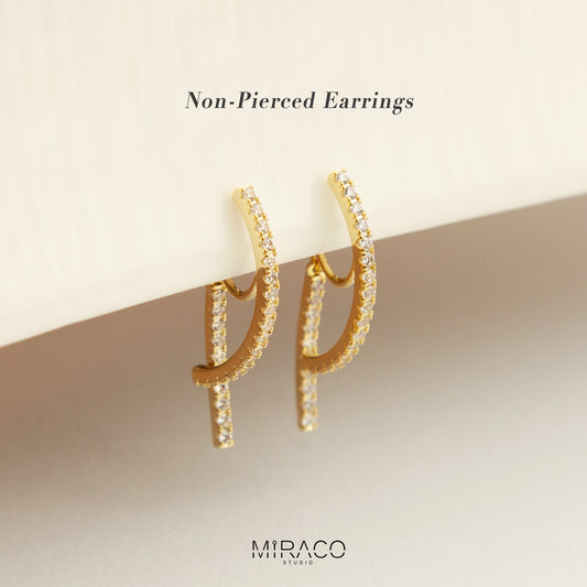 Gold Plated Clip On Diamond Minimal Earrings, Sparkle Crystal Non Pierced Earrings
