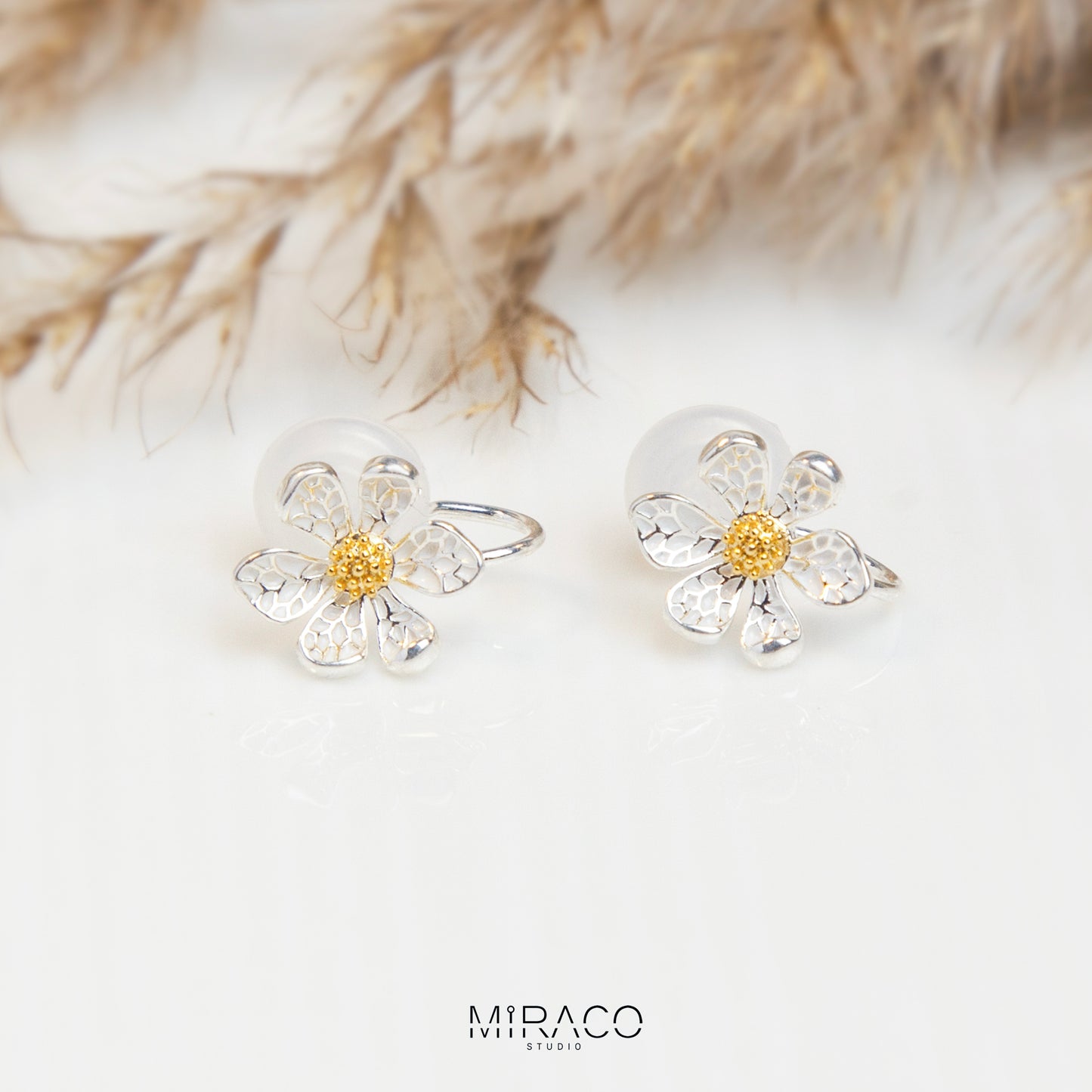 Daisy Stud Clip On Earrings, Silver Flower Textured Floral Studs