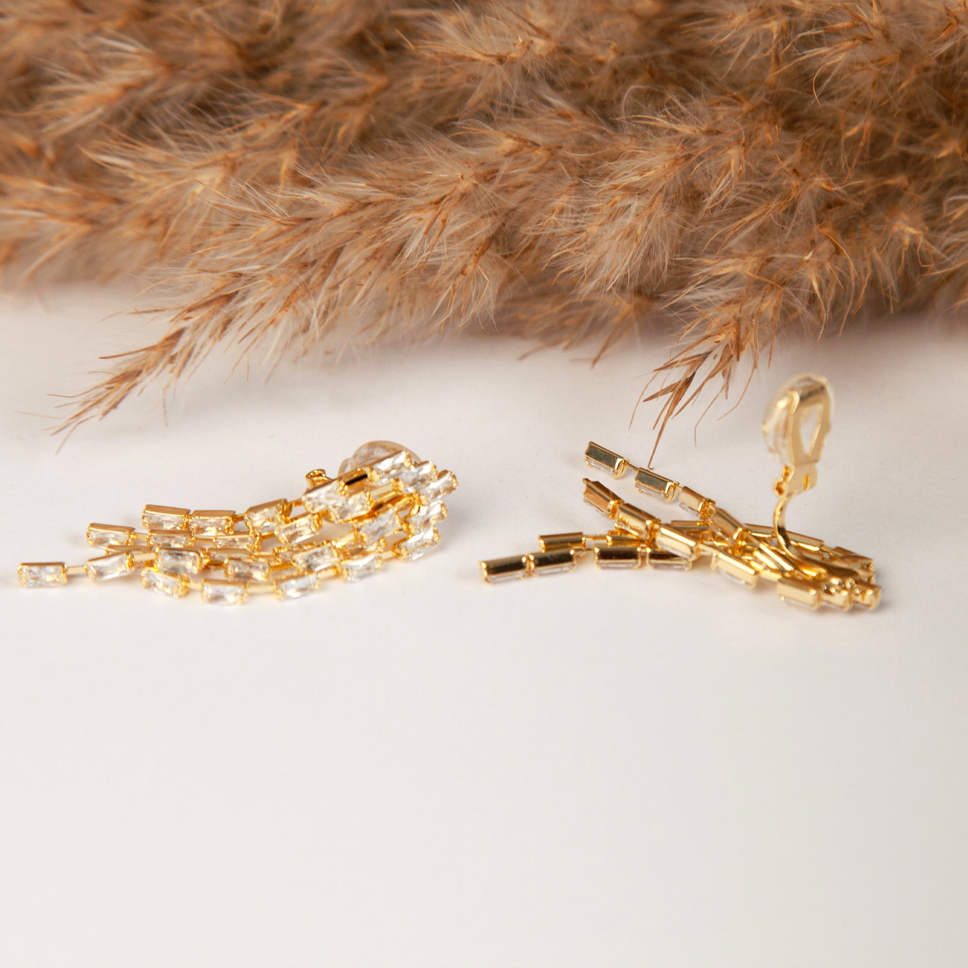 Clip On Diamond Cascade Earrings, Mini-Clip Waterfall Fringe Earrings, Clear Crystal Diamante Dangle Drop Non-Pierced Bridal Wedding Earring