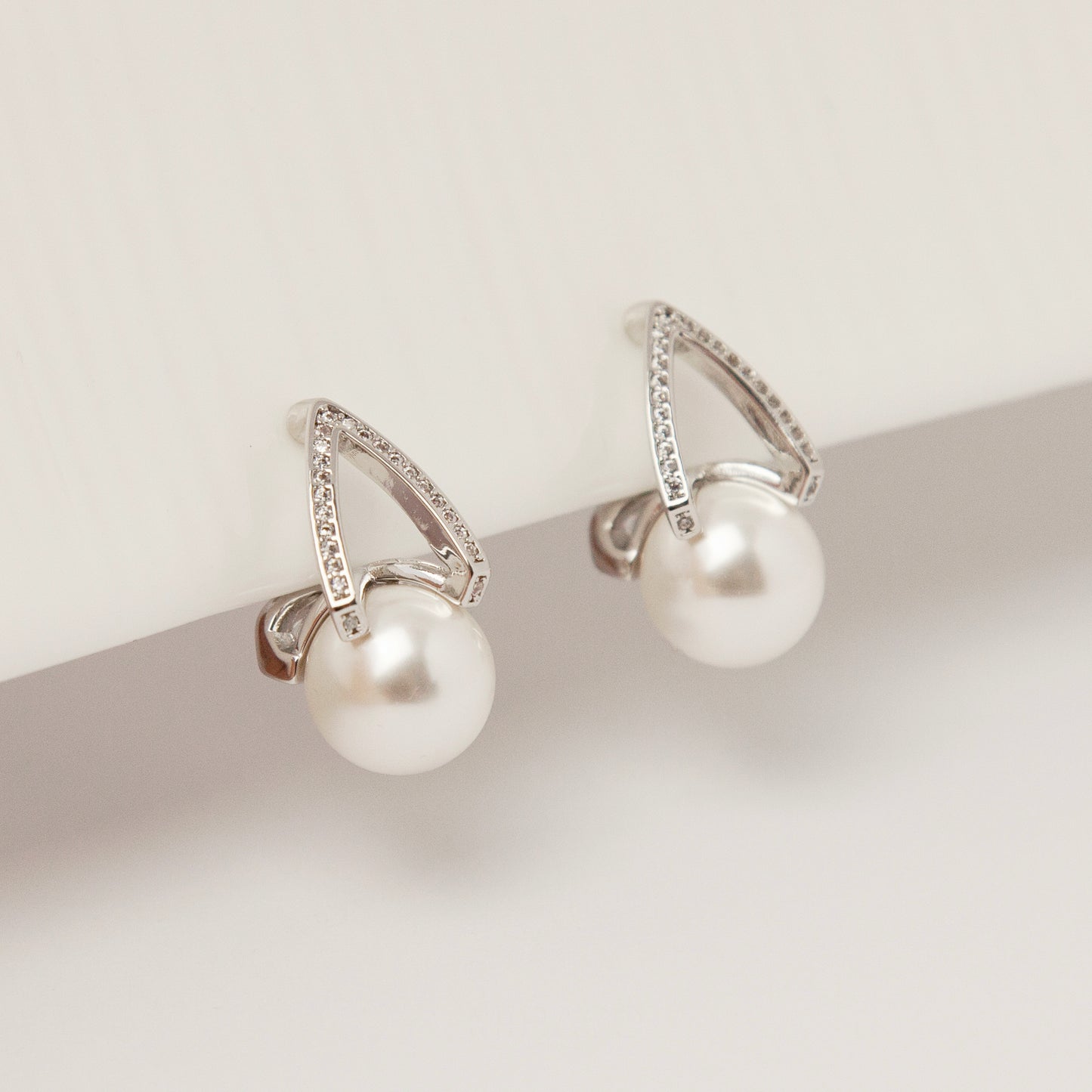Pearls Dangle Clip On Earrings with Silver Triangle Pave Diamond, CZ Crystals Pearls Stud Earrings