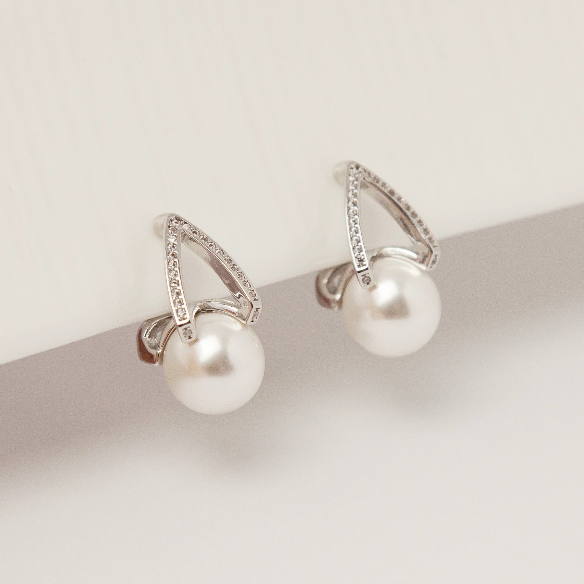Pearls Dangle Clip On Earrings with Silver Triangle Pave Diamond, CZ Crystals Pearls Stud Earrings