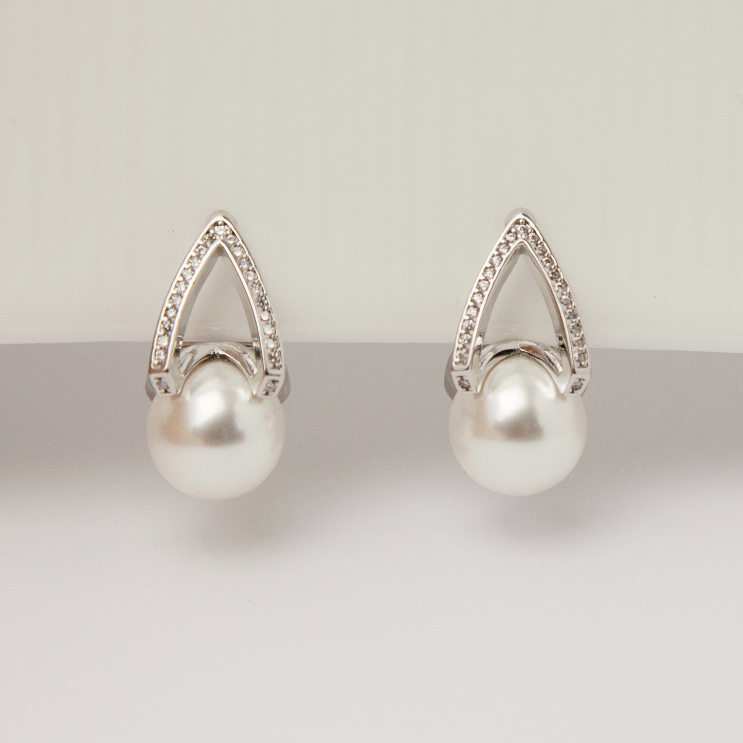 Pearls Dangle Clip On Earrings with Silver Triangle Pave Diamond, CZ Crystals Pearls Stud Earrings