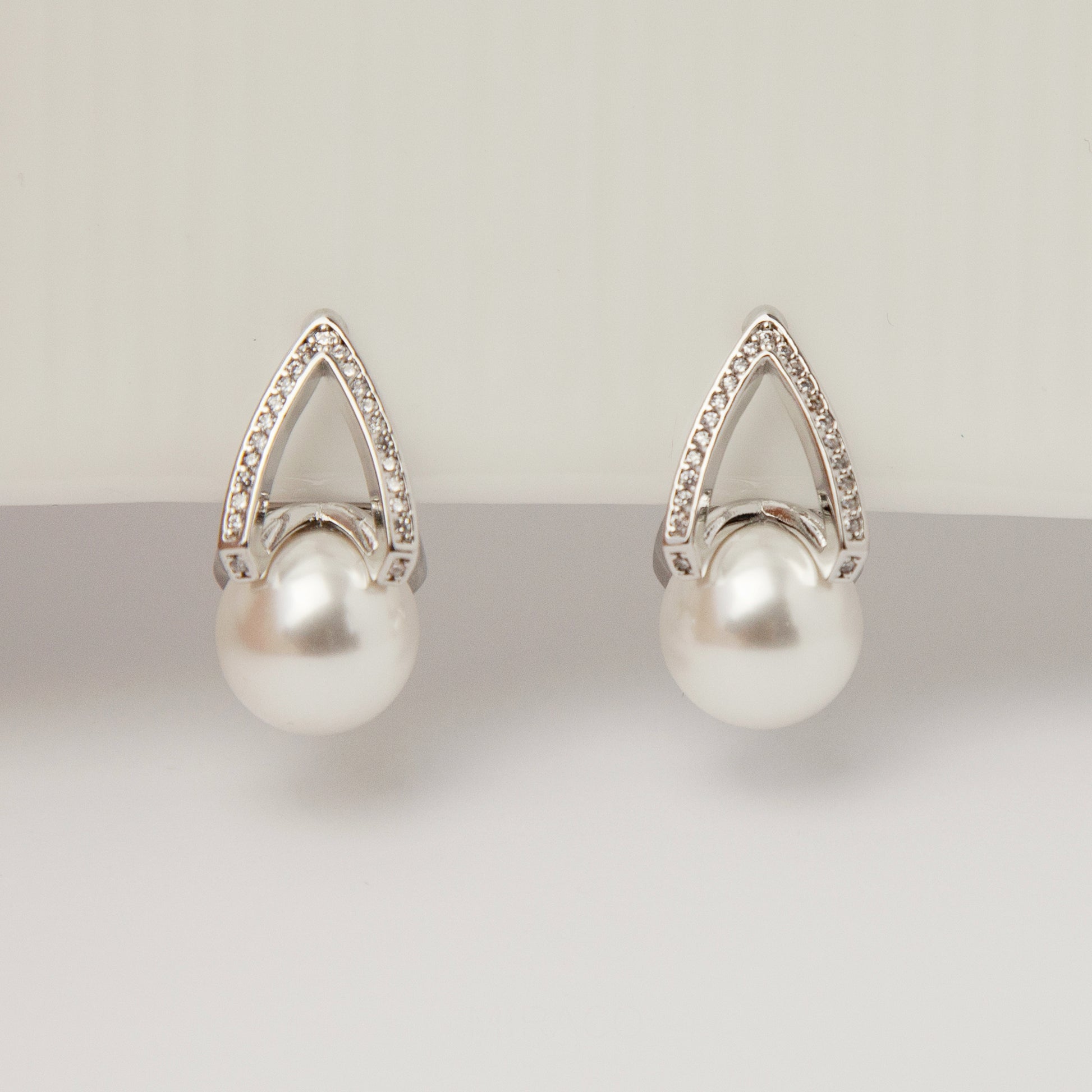 Pearls Dangle Clip On Earrings with Silver Triangle Pave Diamond, CZ Crystals Pearls Stud Earrings