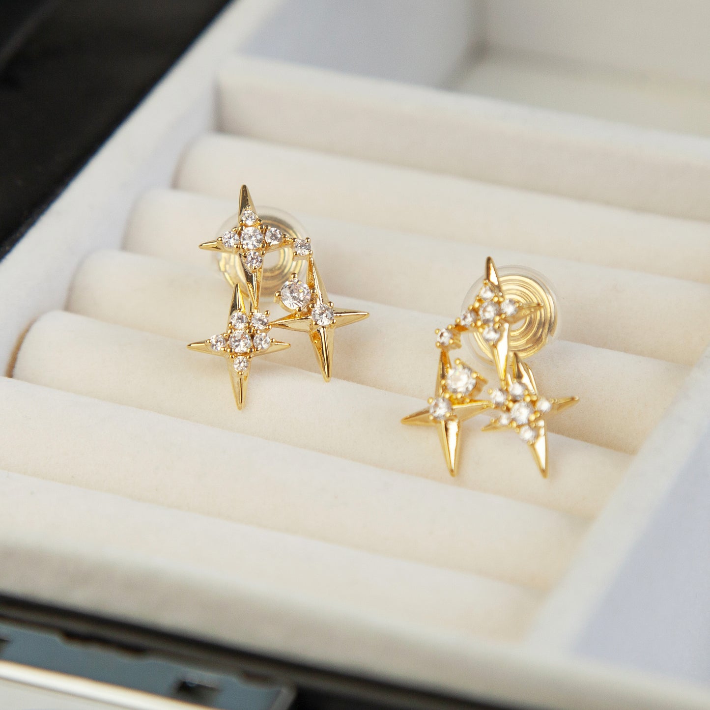 Crystal Star Stud Earrings, Gold Plated CZ Stud Earrings, Four Points Star Earrings, Gold Star Clip On Earrings, Non Pierced Earrings
