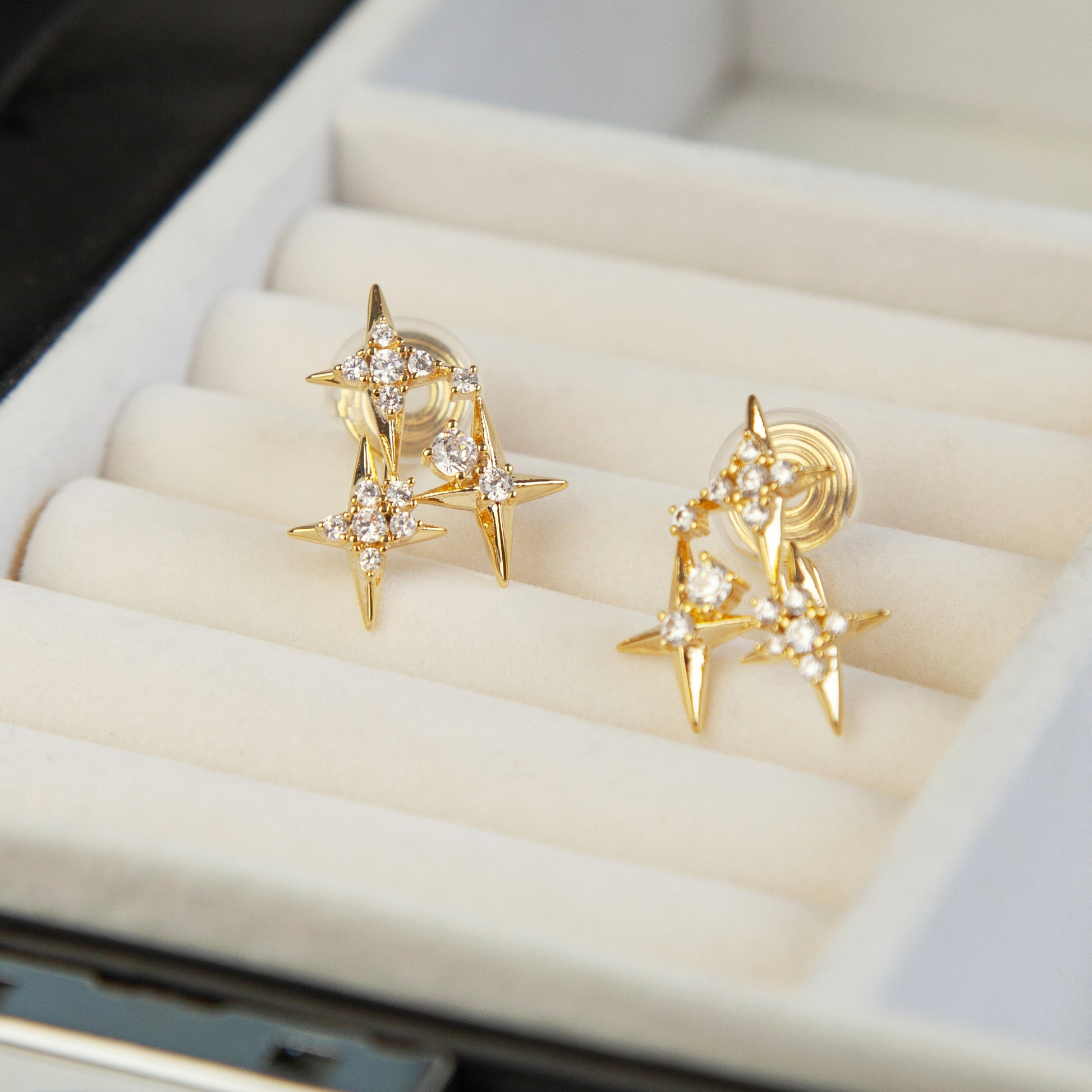 Crystal Star Stud Earrings, Gold Plated CZ Stud Earrings, Four Points Star Earrings, Gold Star Clip On Earrings, Non Pierced Earrings