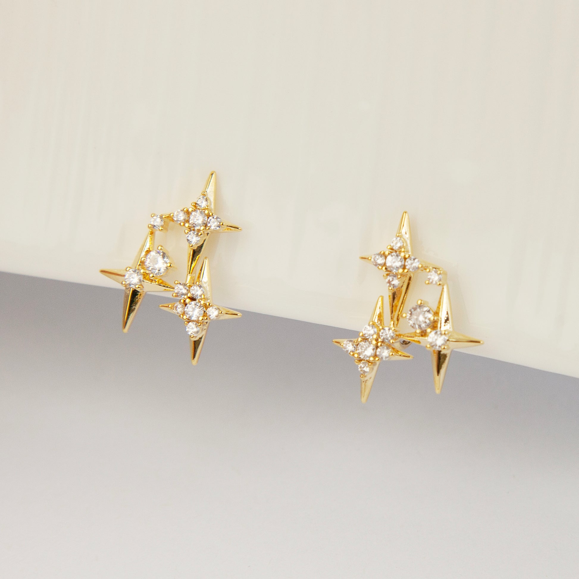Crystal Star Stud Earrings, Gold Plated CZ Stud Earrings, Four Points Star Earrings, Gold Star Clip On Earrings, Non Pierced Earrings