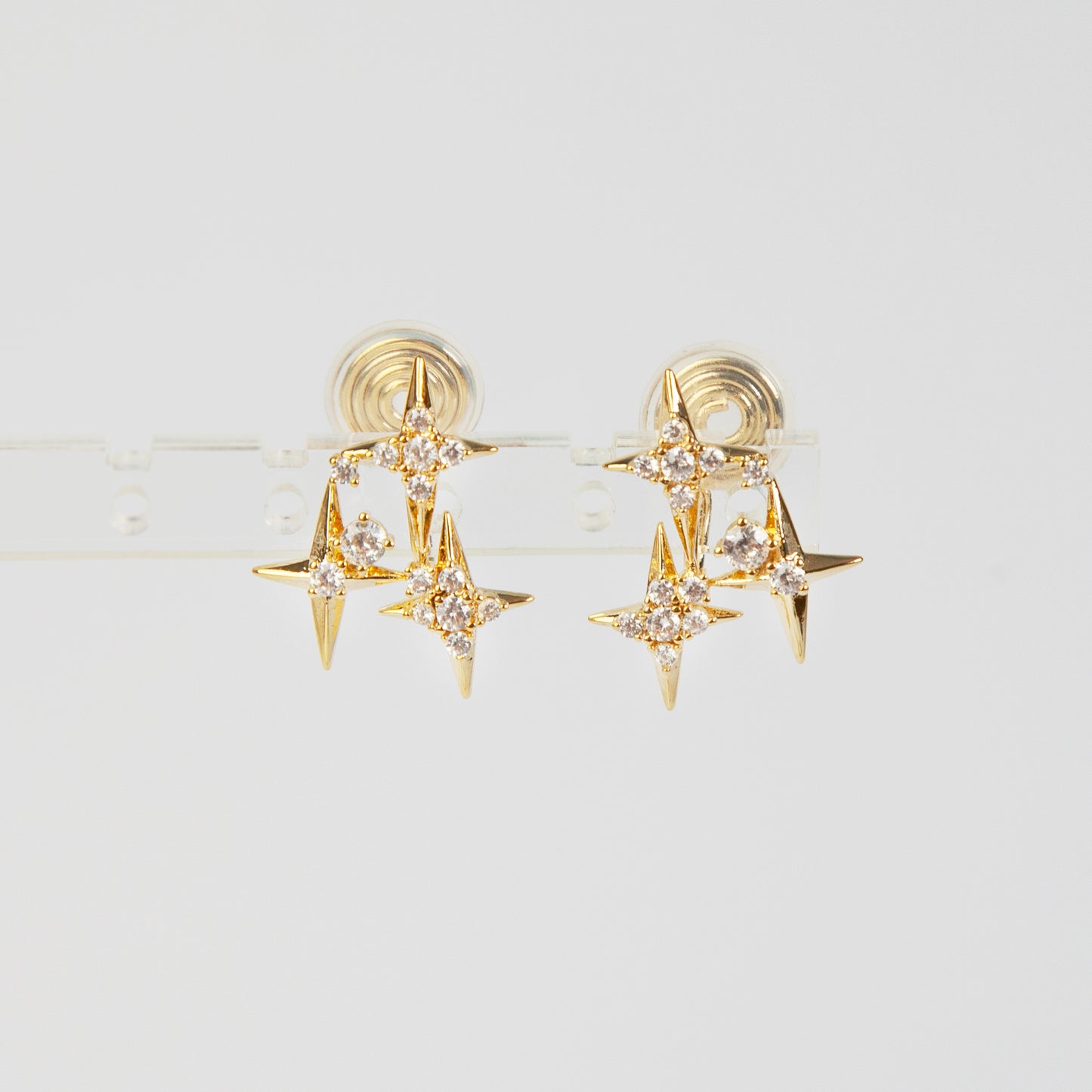 Crystal Star Stud Earrings, Gold Plated CZ Stud Earrings, Four Points Star Earrings, Gold Star Clip On Earrings, Non Pierced Earrings