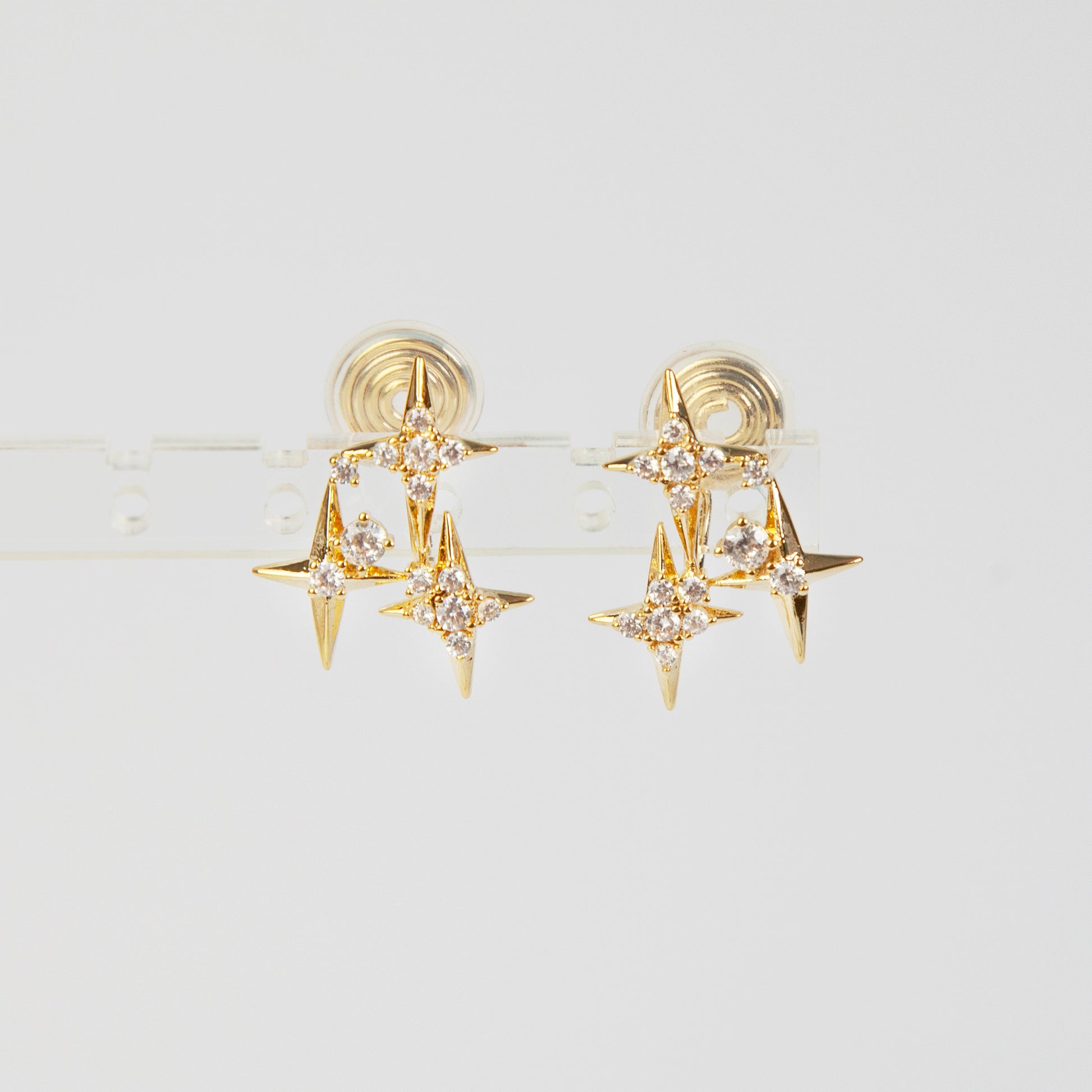 Crystal Star Stud Earrings, Gold Plated CZ Stud Earrings, Four Points Star Earrings, Gold Star Clip On Earrings, Non Pierced Earrings