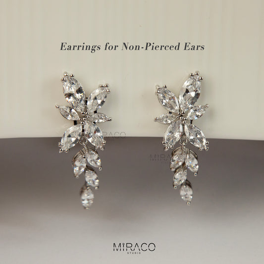 Leaf Diamond Clip-On Earrings – Silver Dangle Drop Statement Style