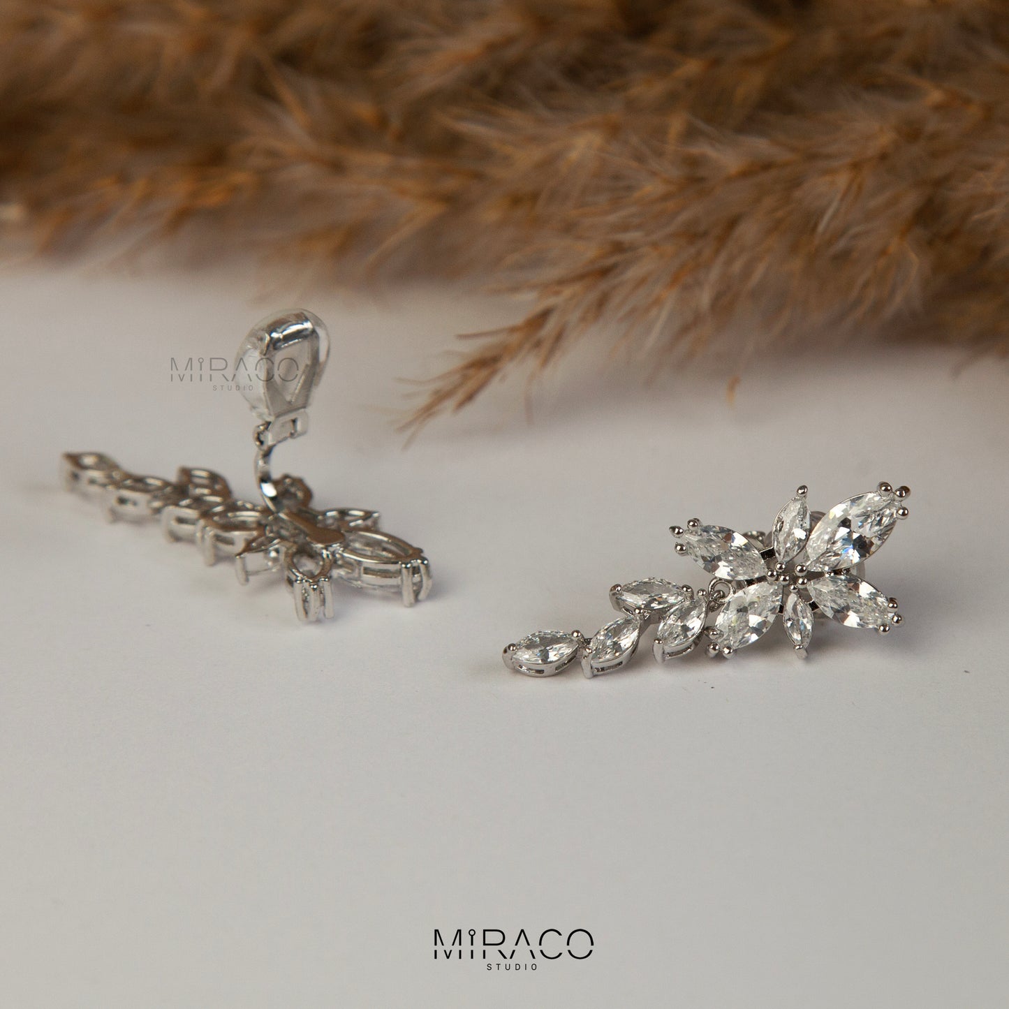 Leaf Diamond Clip-On Earrings – Silver Dangle Drop Statement Style