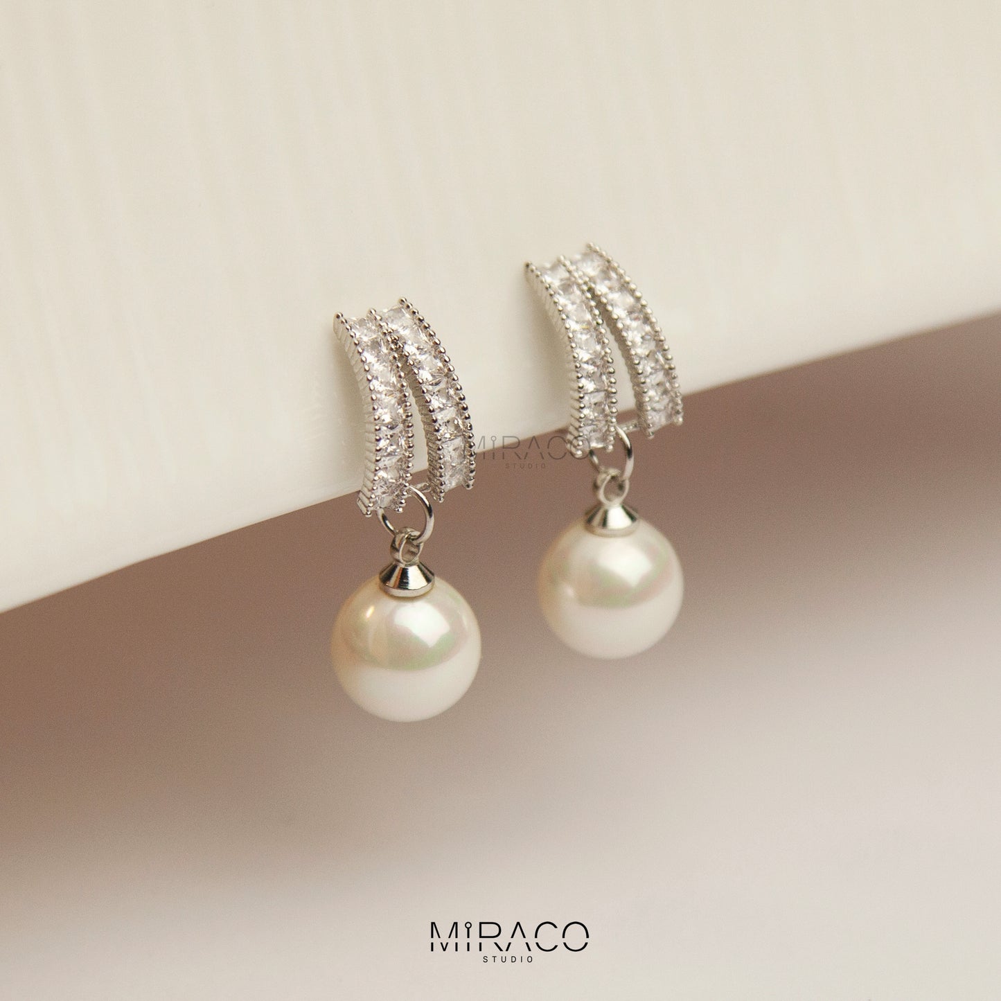 Dangle Clip On Pearl Earrings with Silver Pave Diamonds