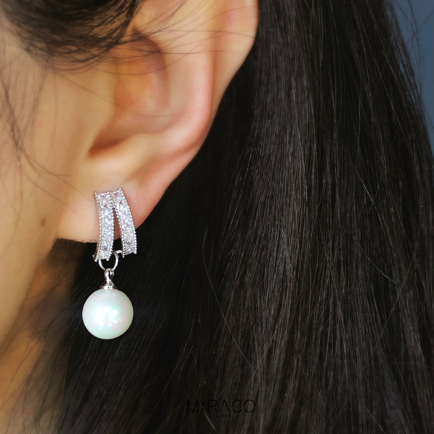 Dangle Clip On Pearl Earrings with Silver Pave Diamonds