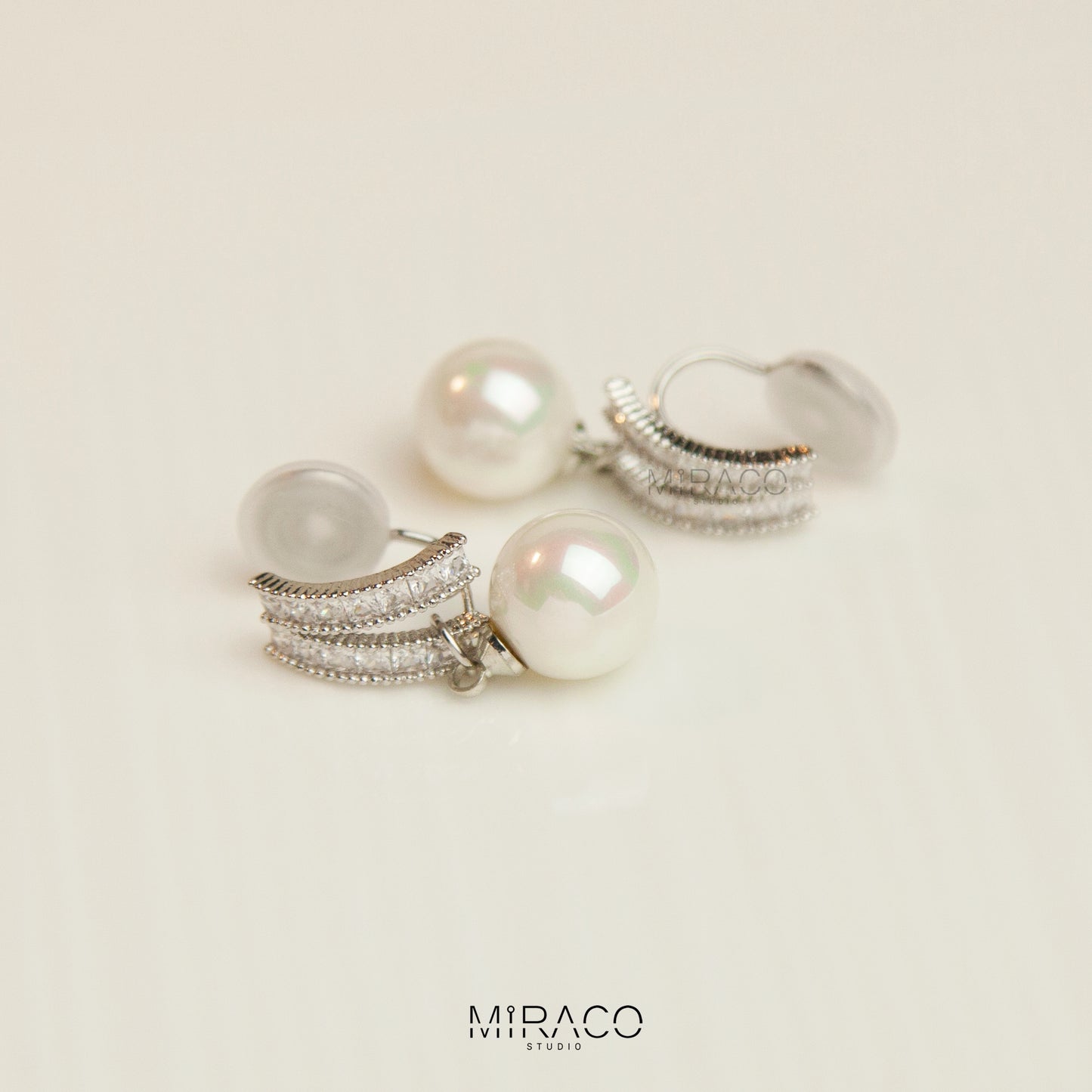 Dangle Clip On Pearl Earrings with Silver Pave Diamonds