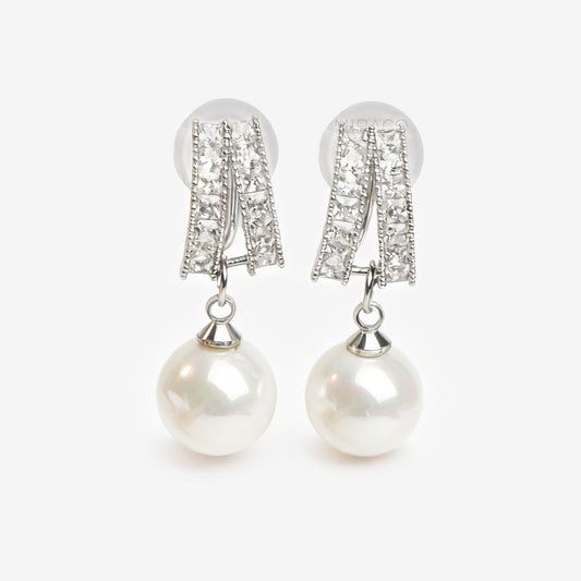 Dangle Clip On Pearl Earrings with Silver Pave Diamonds