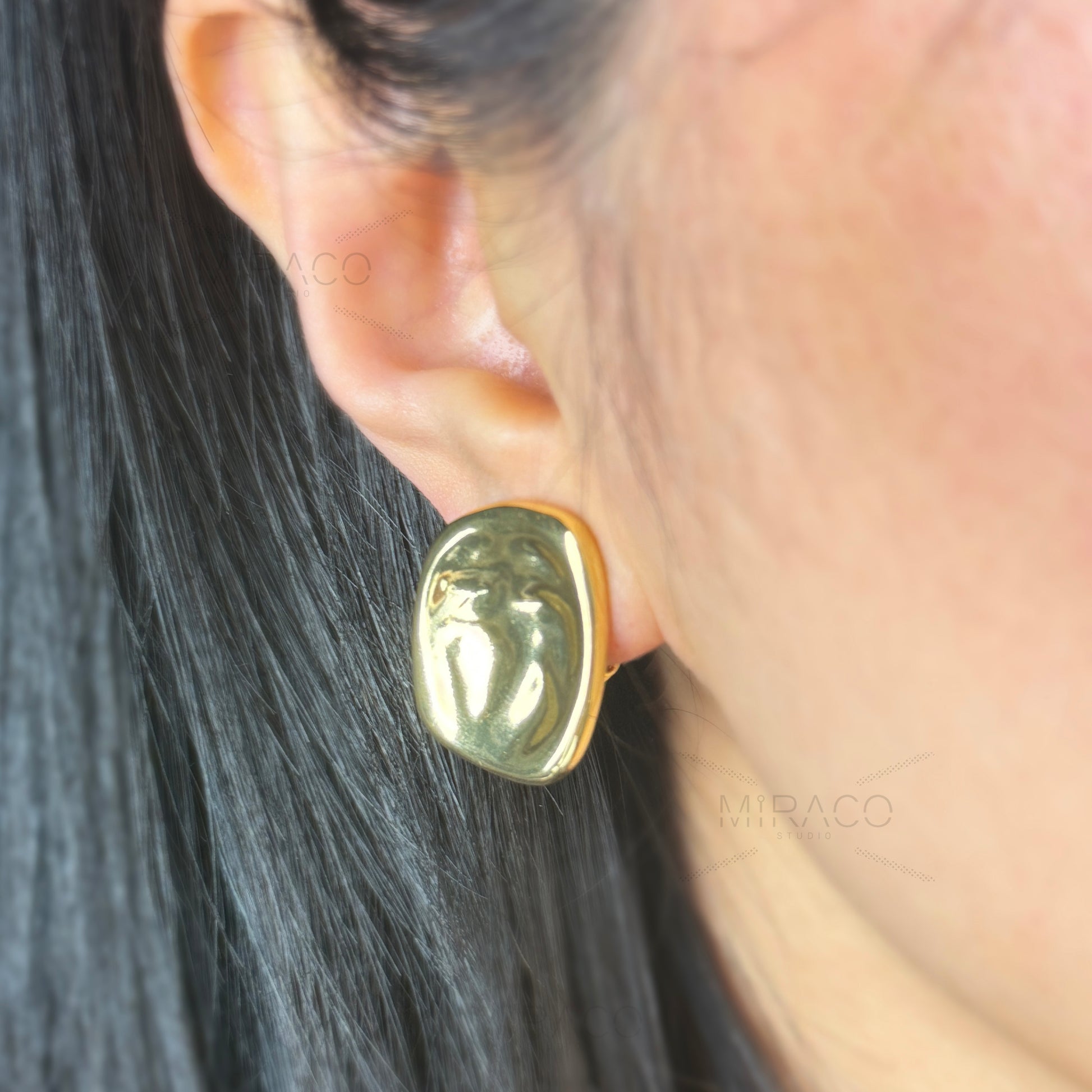 Modern Minimalist Earrings, Metal Effect Clip On Studs, Non Pierced Earrings Gold Large Studs