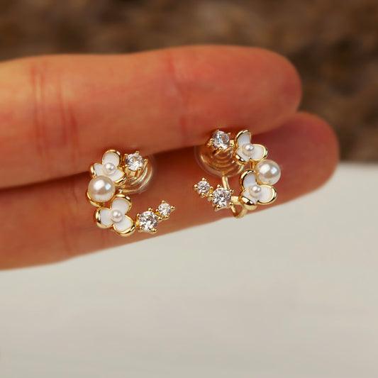 Moon Shape Clip-On Earrings with White Flowers, Clip-On Earrings with Pearls and Crystals, Non-pierced Earrings, Fairy Wedding Bridal Studs