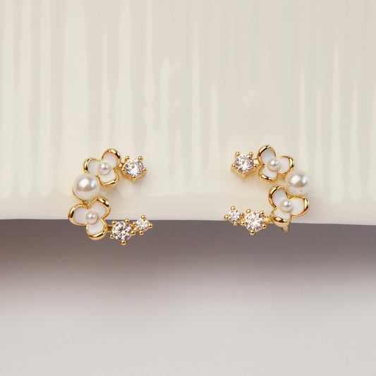 Moon Shape Clip-On Earrings with White Flowers, Clip-On Earrings with Pearls and Crystals, Non-pierced Earrings, Fairy Wedding Bridal Studs