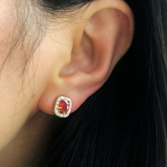 Non-Pierced Earrings with Red Gemstones, Red Crystal Stud Earrings with Gold Pave Crystal Diamonds