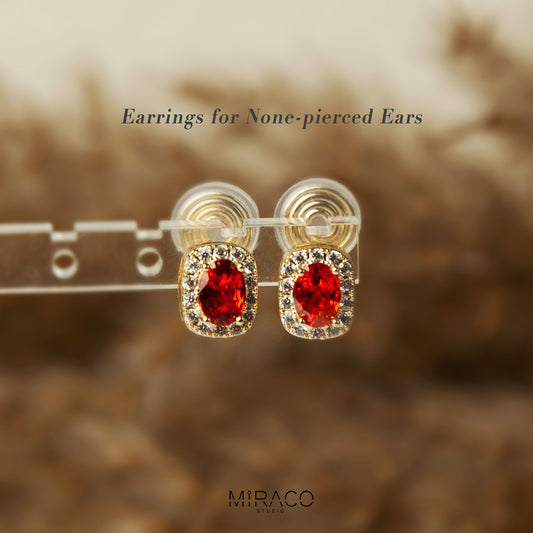 Non-Pierced Earrings with Red Gemstones, Red Crystal Stud Earrings with Gold Pave Crystal Diamonds