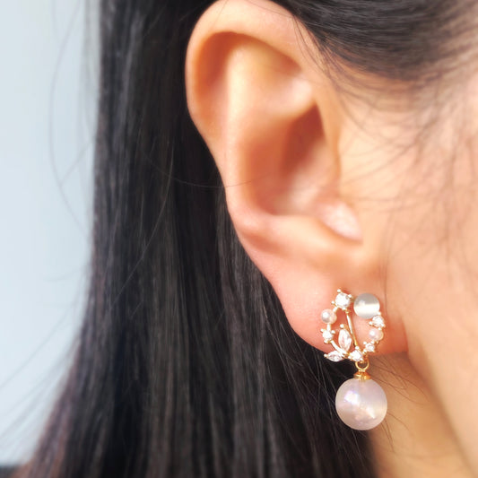 Opal Crystals Dangle Pearls Drop Earrings, Aura Mermaid Beads Non Pierced Earrings with Crystals Cli