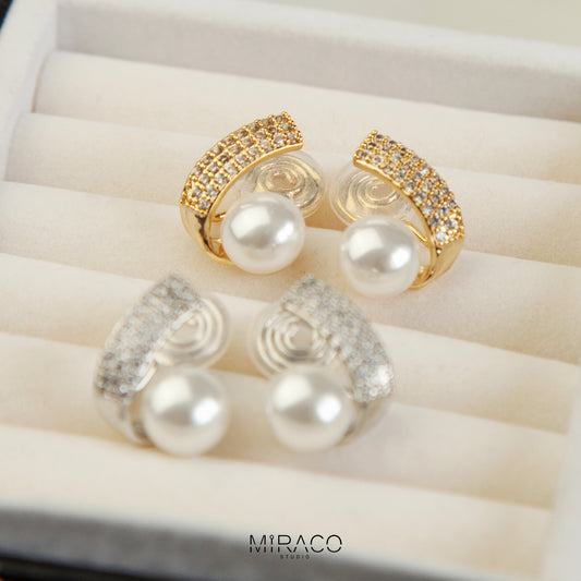 Pearls CZ Stud Clip On Earrings